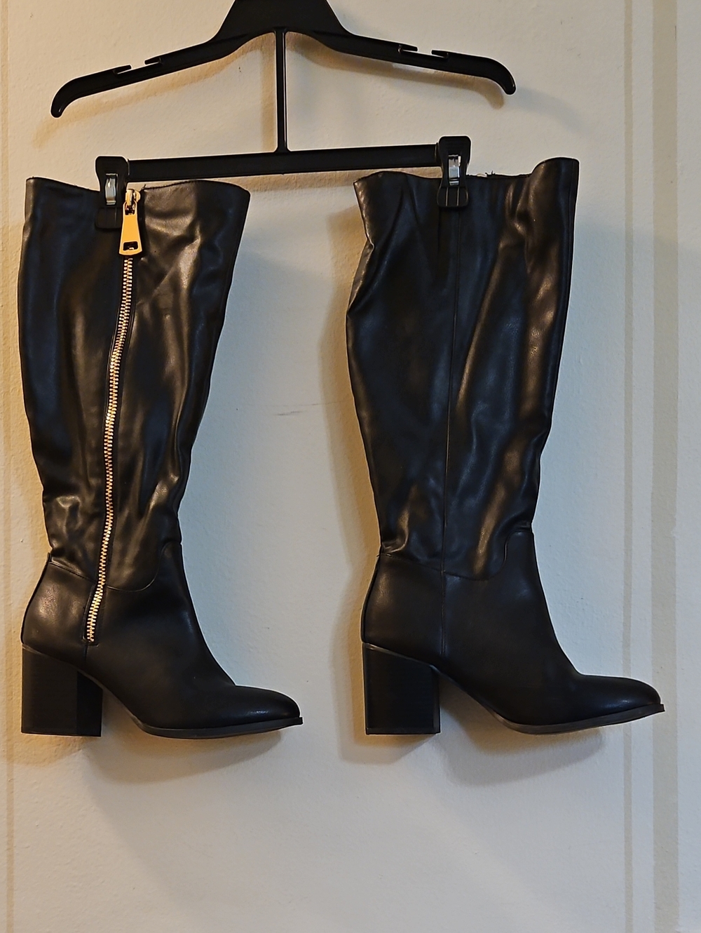 Rampage Black Knee-High Block Heel Boots with Gold Zipper Accent